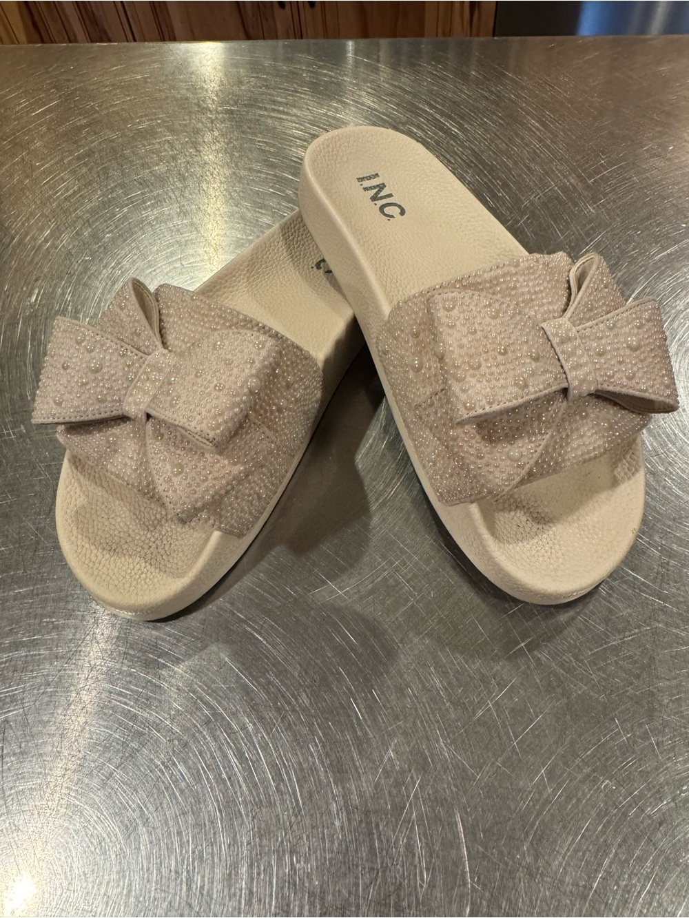 INC International Concepts Beige Bow Slide Sandals